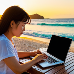 A vibrant, high-quality photograph of a digital nomad immersed in work on a laptop. The scene captures the individual in a picturesque, non-traditional office setting, such as a tranquil beach at sunset in Okinawa with gentle waves, or a charming, sunlit cafe in a historic European city. The image should convey a strong sense of freedom, flexibility, and the joy of working from anywhere, with a serene and productive atmosphere that harmoniously blends with the beautiful surroundings.