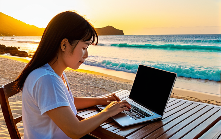 A vibrant, high-quality photograph of a digital nomad immersed in work on a laptop. The scene captures the individual in a picturesque, non-traditional office setting, such as a tranquil beach at sunset in Okinawa with gentle waves, or a charming, sunlit cafe in a historic European city. The image should convey a strong sense of freedom, flexibility, and the joy of working from anywhere, with a serene and productive atmosphere that harmoniously blends with the beautiful surroundings.