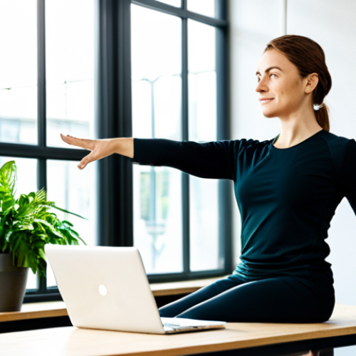 A professional woman, fully clothed in modest, comfortable activewear, gracefully performing a gentle stretching pose in a bright, modern co-working space. Sunlight streams through large windows, illuminating lush green plants. A neat laptop and notebook are visible on a desk in the background. Her expression is serene and focused, embodying a healthy work-life balance. Professional photography, high resolution, soft lighting, safe for work, appropriate content, perfect anatomy, correct proportions, natural pose, well-formed hands, proper finger count, natural body proportions, professional dress.