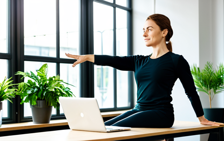 A professional woman, fully clothed in modest, comfortable activewear, gracefully performing a gentle stretching pose in a bright, modern co-working space. Sunlight streams through large windows, illuminating lush green plants. A neat laptop and notebook are visible on a desk in the background. Her expression is serene and focused, embodying a healthy work-life balance. Professional photography, high resolution, soft lighting, safe for work, appropriate content, perfect anatomy, correct proportions, natural pose, well-formed hands, proper finger count, natural body proportions, professional dress.