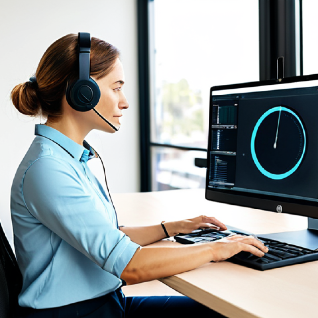 A professional digital nomad, female, in a modest business casual outfit. She is focused on her work at a sleek, ergonomic mobile office setup in a modern, bright co-working space with large windows and diffused natural light. On the desk are an ergonomic laptop stand, an external portable monitor displaying data visualizations, a wireless keyboard, a wireless mouse, and high-quality noise-cancelling headphones. Her posture is natural, promoting comfort and productivity. The atmosphere is calm and professional. Professional photography, high quality, fully clothed, appropriate attire, safe for work, perfect anatomy, correct proportions, well-formed hands, proper finger count, natural body proportions, family-friendly.