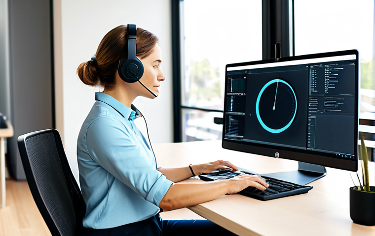 A professional digital nomad, female, in a modest business casual outfit. She is focused on her work at a sleek, ergonomic mobile office setup in a modern, bright co-working space with large windows and diffused natural light. On the desk are an ergonomic laptop stand, an external portable monitor displaying data visualizations, a wireless keyboard, a wireless mouse, and high-quality noise-cancelling headphones. Her posture is natural, promoting comfort and productivity. The atmosphere is calm and professional. Professional photography, high quality, fully clothed, appropriate attire, safe for work, perfect anatomy, correct proportions, well-formed hands, proper finger count, natural body proportions, family-friendly.