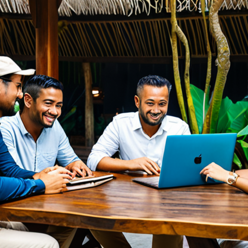 **
"A group of digital nomads, fully clothed in professional and modest attire, gathered around a table in a vibrant co-working space in Bali, laptops open, brainstorming ideas, safe for work, appropriate content, perfect anatomy, correct proportions, natural pose, well-formed hands, proper finger count, high-quality, professional photography, family-friendly environment, daytime."
**