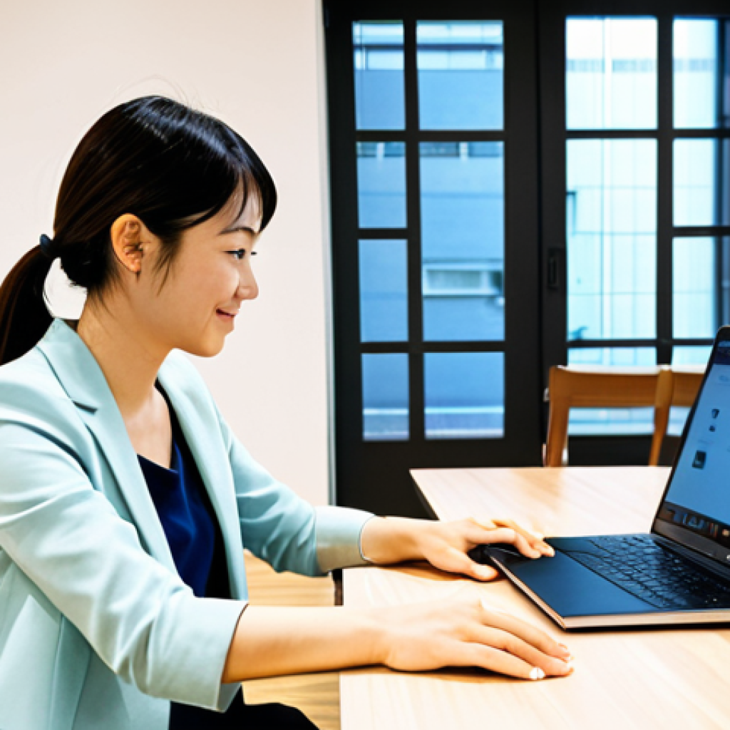 디지털 노마드를 위한 코워킹 스페이스 추천 - A modern, brightly lit co-working space in Tokyo, Japan. A professional woman wearing a modest busin...
