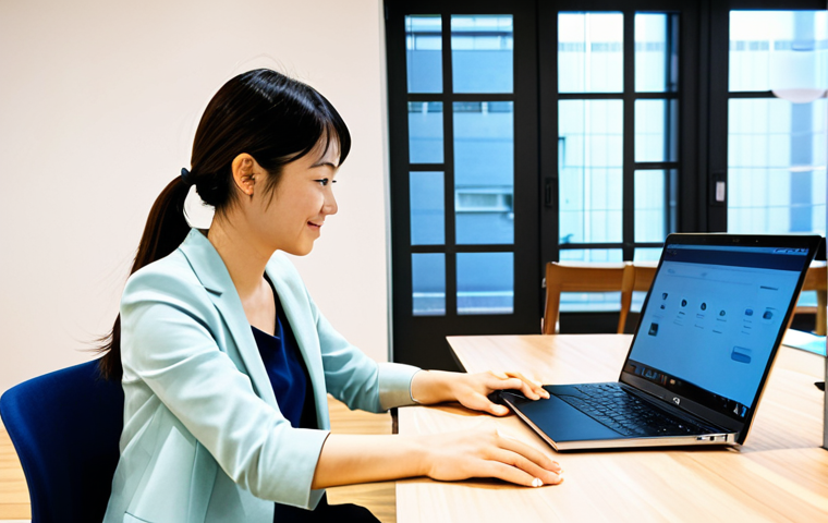 디지털 노마드를 위한 코워킹 스페이스 추천 - A modern, brightly lit co-working space in Tokyo, Japan. A professional woman wearing a modest busin...