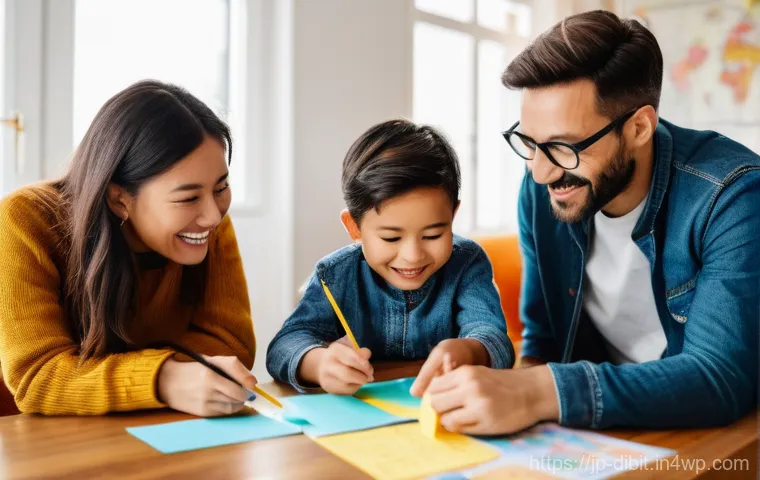 디지털 노마드와 함께 하는 가족 여행 계획 - **Prompt 1: Family Dream Planning Session**
    A diverse digital nomad family (parents in their lat...