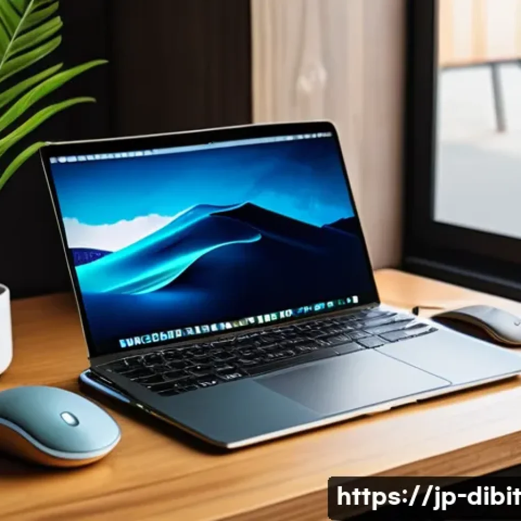 디지털 노마드를 위한 올바른 장비 선택법 - A modern digital nomad workspace setup inside a cozy Japanese-style cafe, featuring a lightweight Ma...