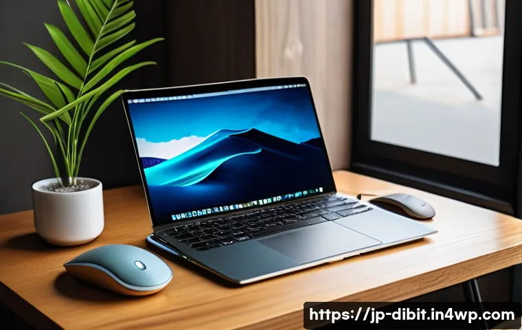 디지털 노마드를 위한 올바른 장비 선택법 - A modern digital nomad workspace setup inside a cozy Japanese-style cafe, featuring a lightweight Ma...