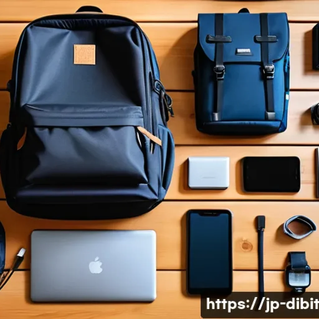 디지털 노마드를 위한 짐 싸는 법 - A digital nomad’s neatly organized backpack and carry-on luggage laid out on a minimalist wooden flo...