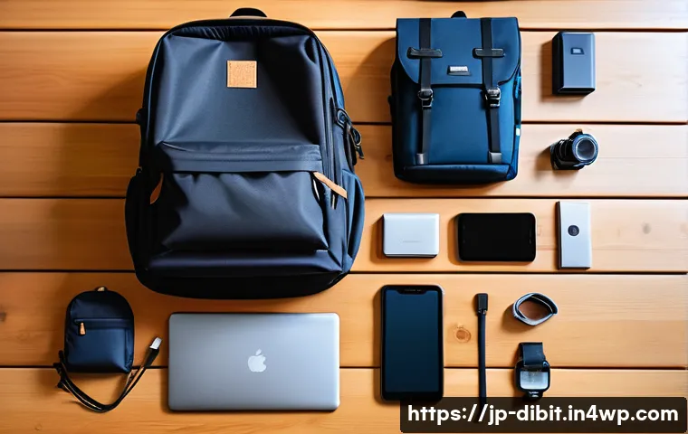 디지털 노마드를 위한 짐 싸는 법 - A digital nomad&rsquo;s neatly organized backpack and carry-on luggage laid out on a minimalist wooden flo...