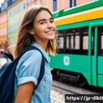 디지털 노마드를 위한 지속 가능한 여행 팁 - A vibrant European city scene with a young adult woman using a one-day public transportation pass, b...