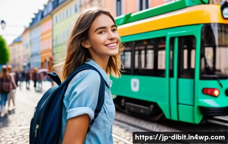 디지털 노마드를 위한 지속 가능한 여행 팁 - A vibrant European city scene with a young adult woman using a one-day public transportation pass, b...