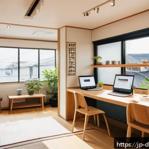 디지털 노마드를 위한 여행 경비 관리 팁 - A cozy share house interior in a bustling Japanese city, featuring a modern common kitchen with wood...