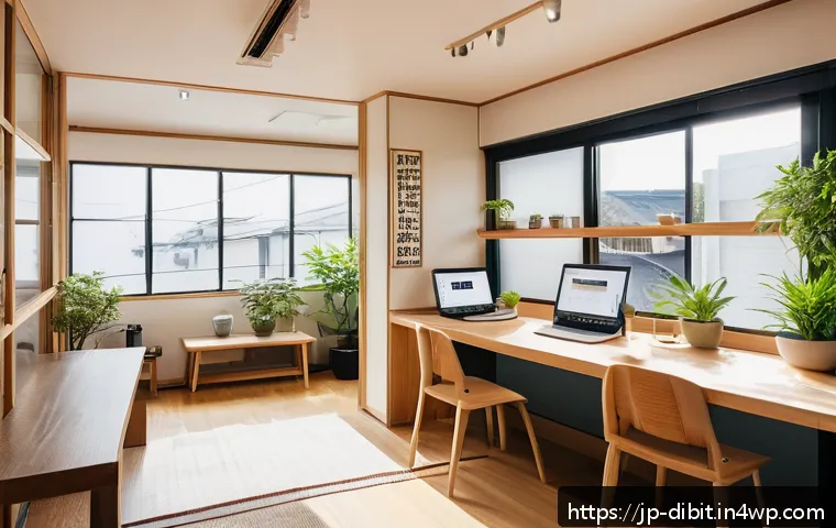 디지털 노마드를 위한 여행 경비 관리 팁 - A cozy share house interior in a bustling Japanese city, featuring a modern common kitchen with wood...
