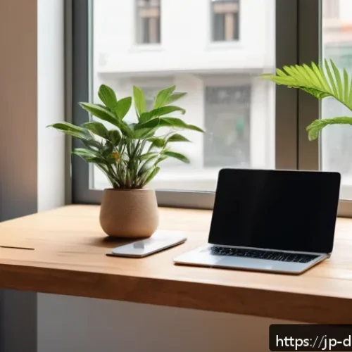 디지털 노마드의 삶에서의 지속 가능한 소비 - A modern digital nomad workspace in a bright, cozy caf&eacute; near a large window with abundant natural li...