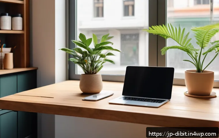 디지털 노마드의 삶에서의 지속 가능한 소비 - A modern digital nomad workspace in a bright, cozy caf&eacute; near a large window with abundant natural li...