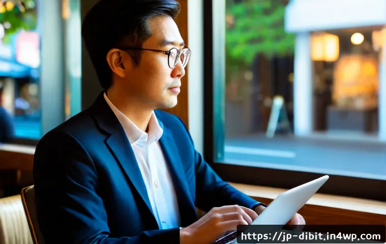 디지털 노마드를 위한 효과적인 마케팅 전략 - Photorealistic Japanese digital nomad strategist working at a bright Tokyo café window, laptop scree...